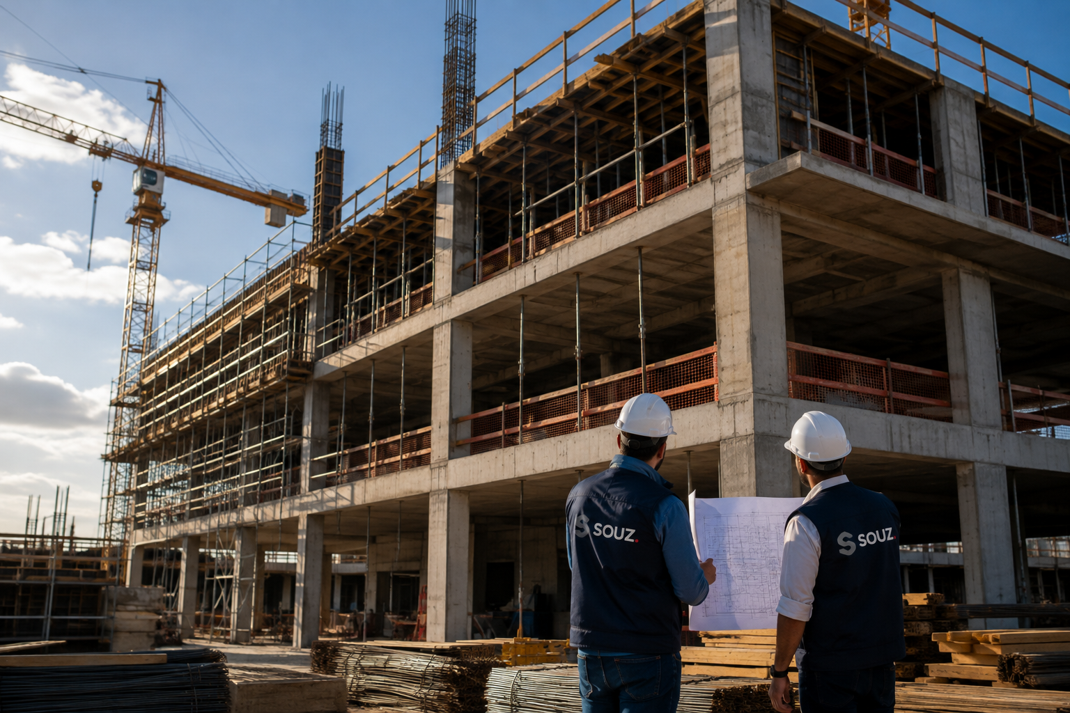 Engenheiros da SOUZ acompanhando a execução de uma obra em estrutura de concreto