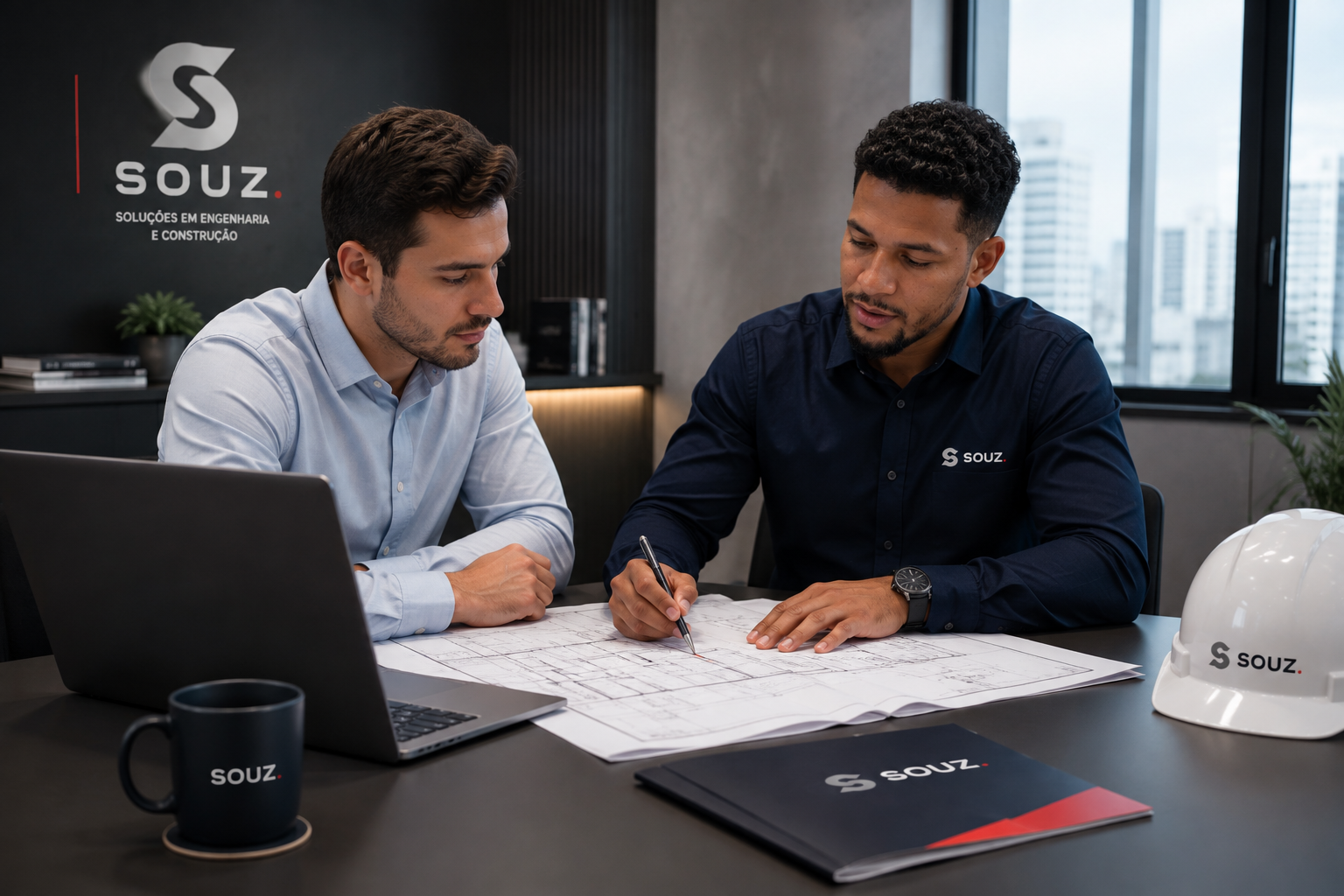Engenheiros da SOUZ revisando um projeto técnico em escritório