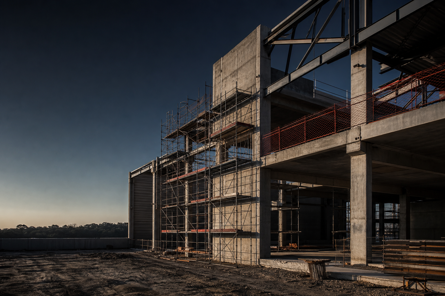 Estrutura industrial em concreto e aço durante a execução de uma obra